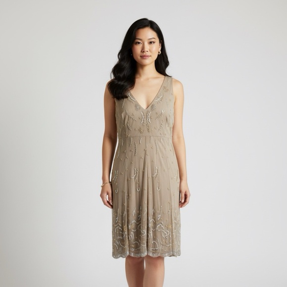 Stenay Dresses & Skirts - Vtg 90s‎ STENAY Slip Dress L Mesh Taupe Beaded Fairycorre Midi Evening Gown